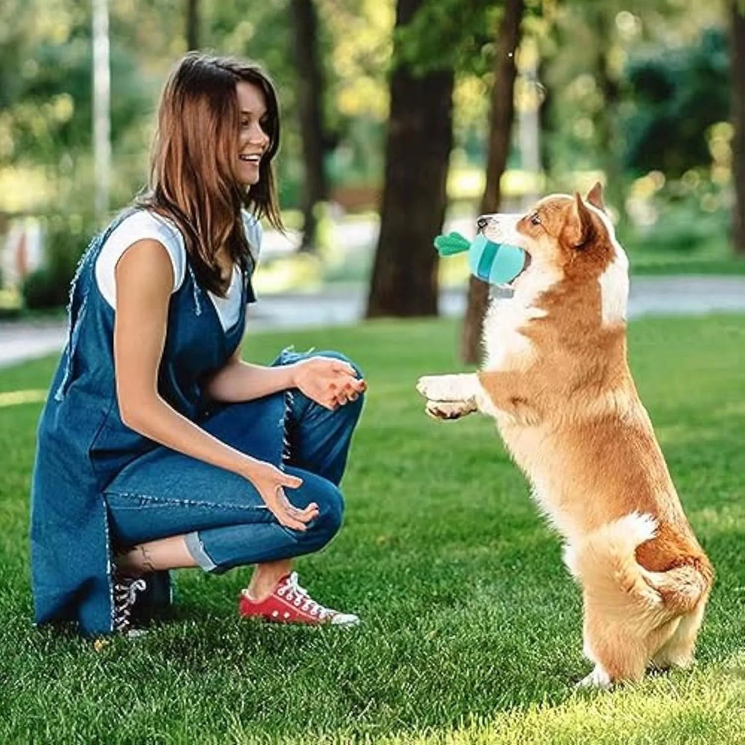 Durable rubber treat dispensing dog toy in tumbler ball shape for medium to large breeds