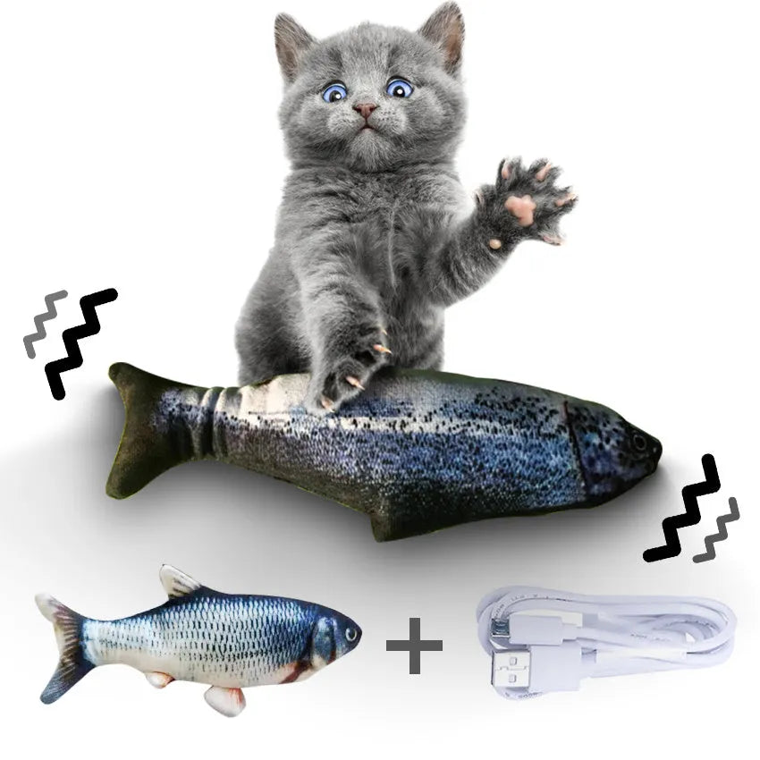 Multicolour 30cm long electronic jumping fish cat toy with USB cable.