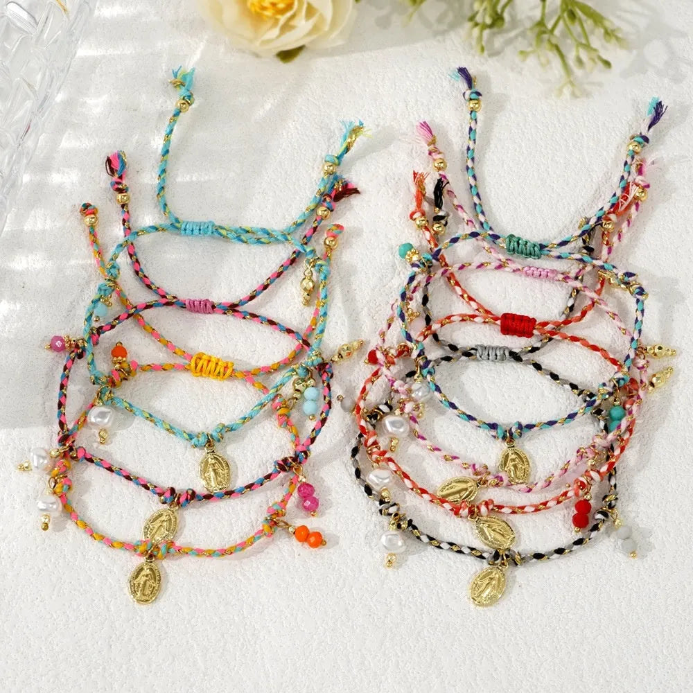 Women's colourful hand-woven ethnic bracelet with braided rope construction and carrying strap tag design