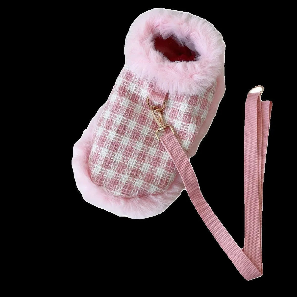 Pink cat costume with cloak and hand holding rope on cat, showing chest and back traction design