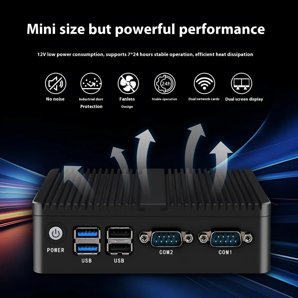 Industrial fanless mini host computer with dual network ports and quad-core processor in compact metal case