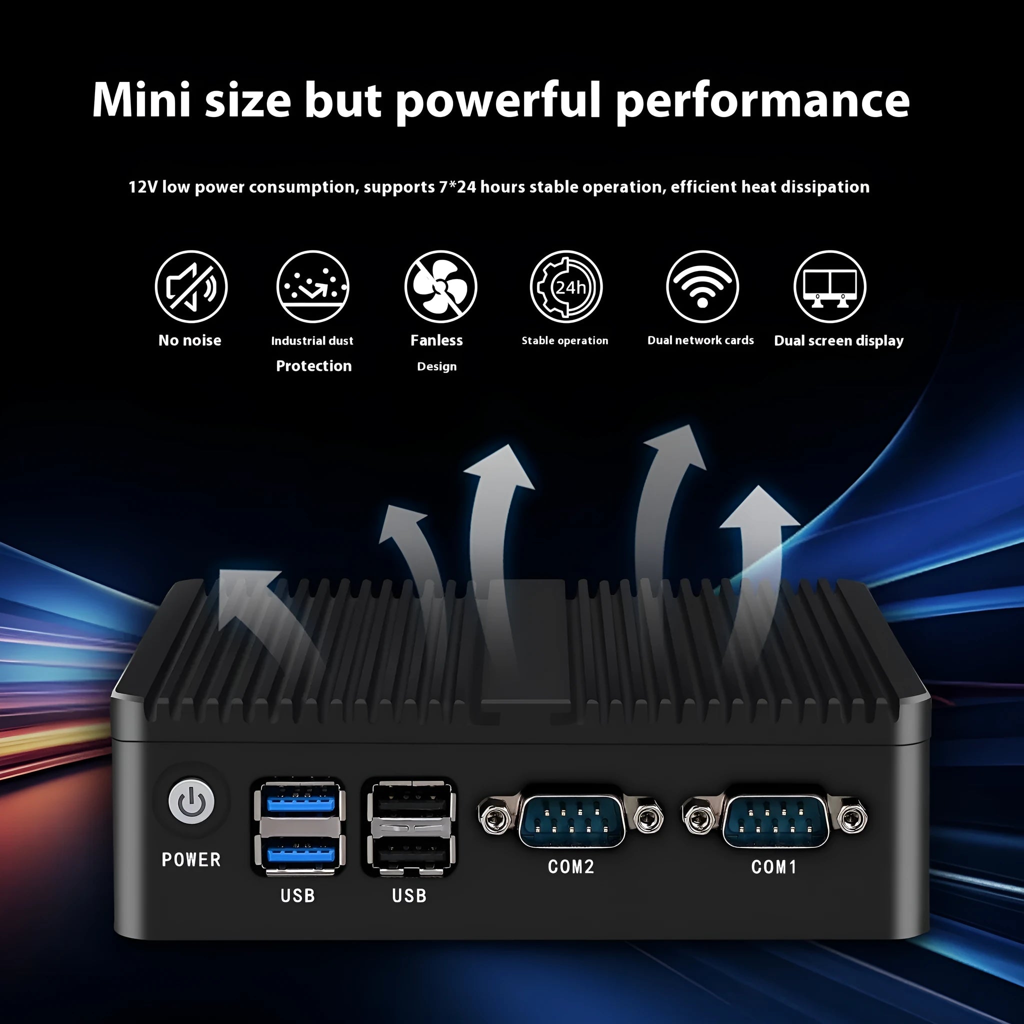 Industrial fanless mini host computer with dual network ports and quad-core processor in compact metal case