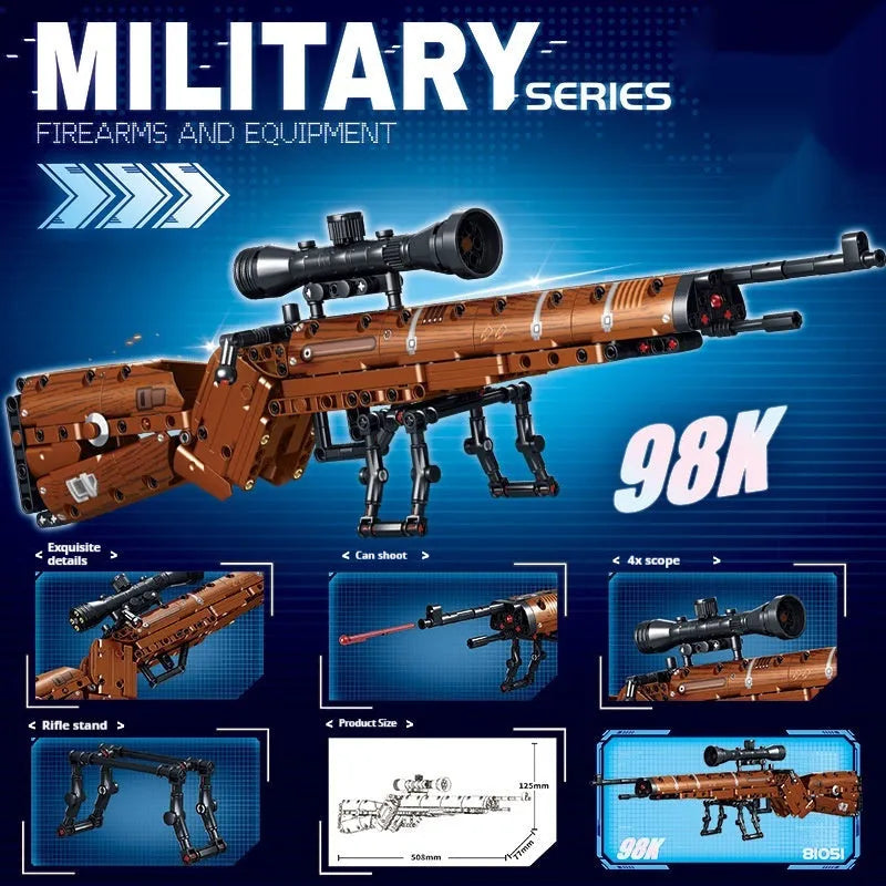 Building blocks toy gun in 98K sniper rifle colour with mechanical bullet launch assembly, gift box packaging