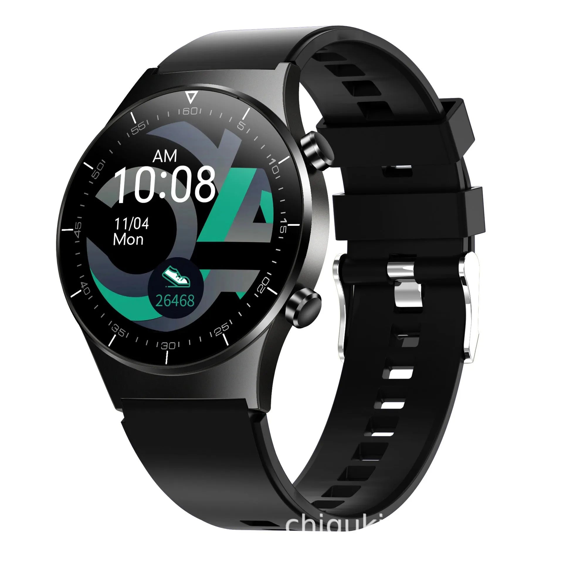 Black smart watch with TPU wristband showing heart rate monitoring display on 1.28-inch touchscreen