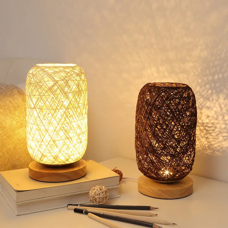 Sepak Takraw hemp rope desk lamp with solid wood base and USB-powered LED light