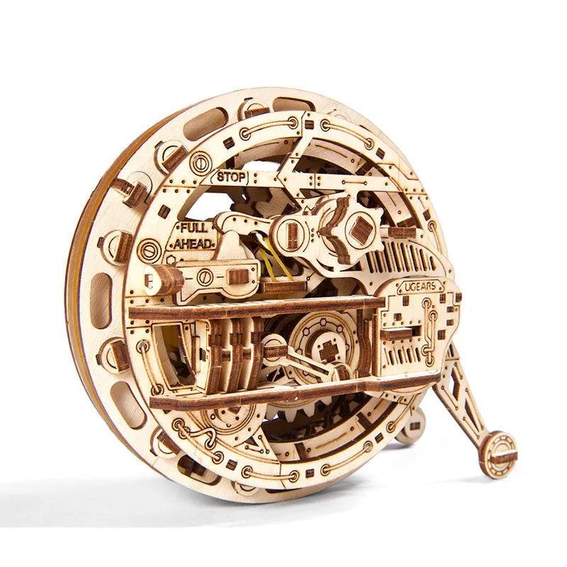 Wuge wooden wheelbarrow model kit assembled on table showing side view with wooden wheel