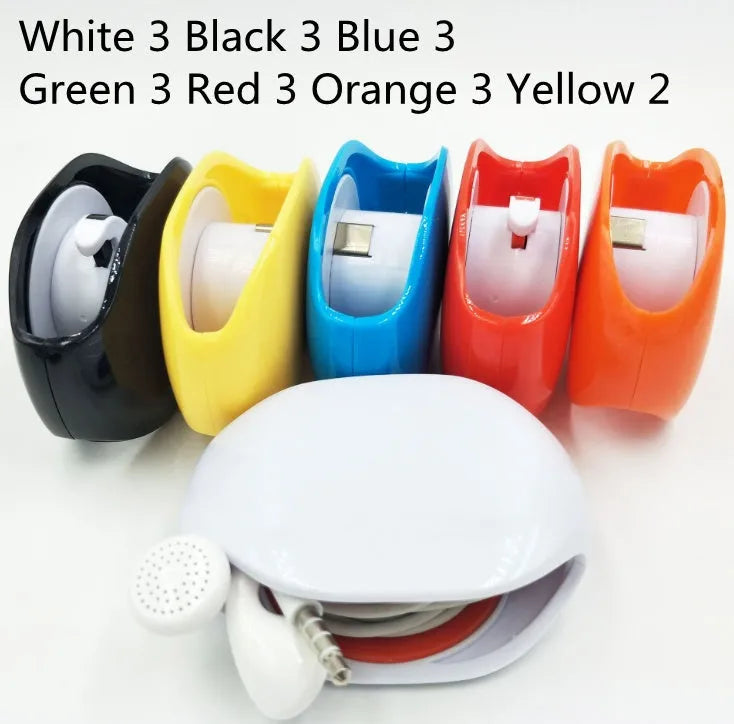Automatic earphone cable winder retractor in a compact plastic case.