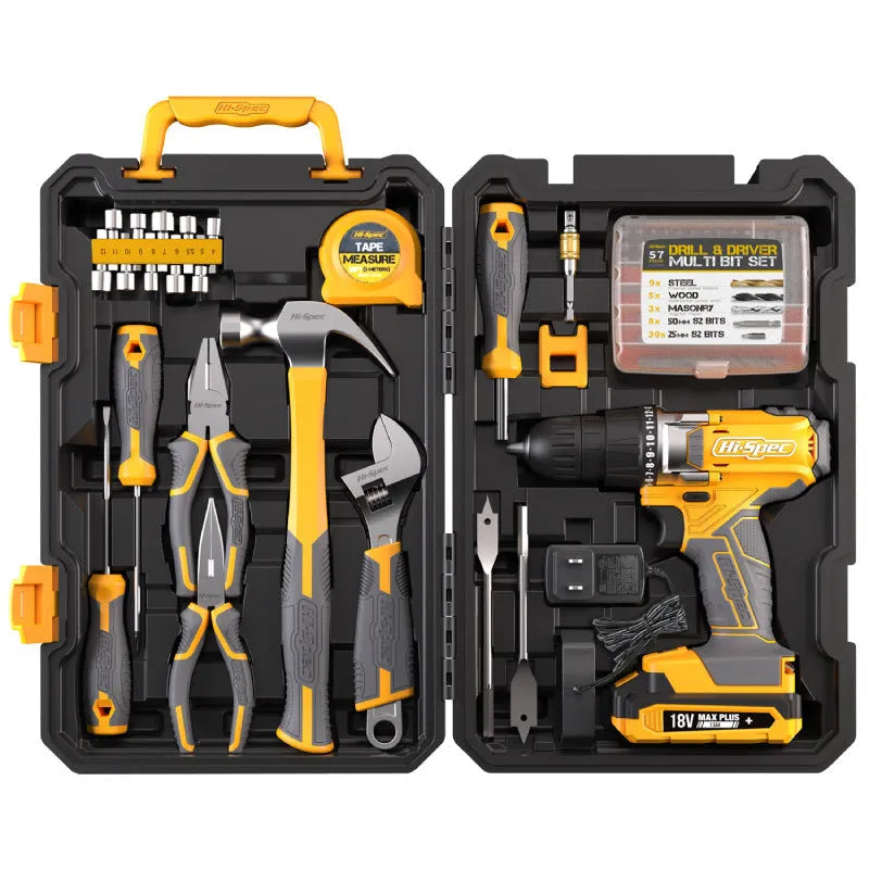 Grey yellow US style 82-piece chrome-vanadium steel tool set for furniture installation.