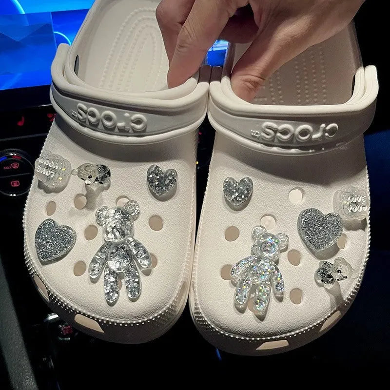 Crystal bear shoe buckle set on sneakers with resin plush material 1.2cm diameter