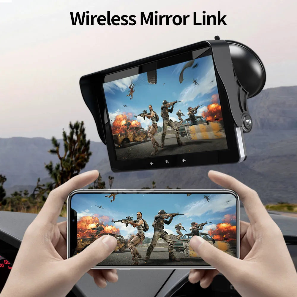 7-inch wireless CarPlay display with cigarette lighter cable and suction cup mount for car dashboard installation