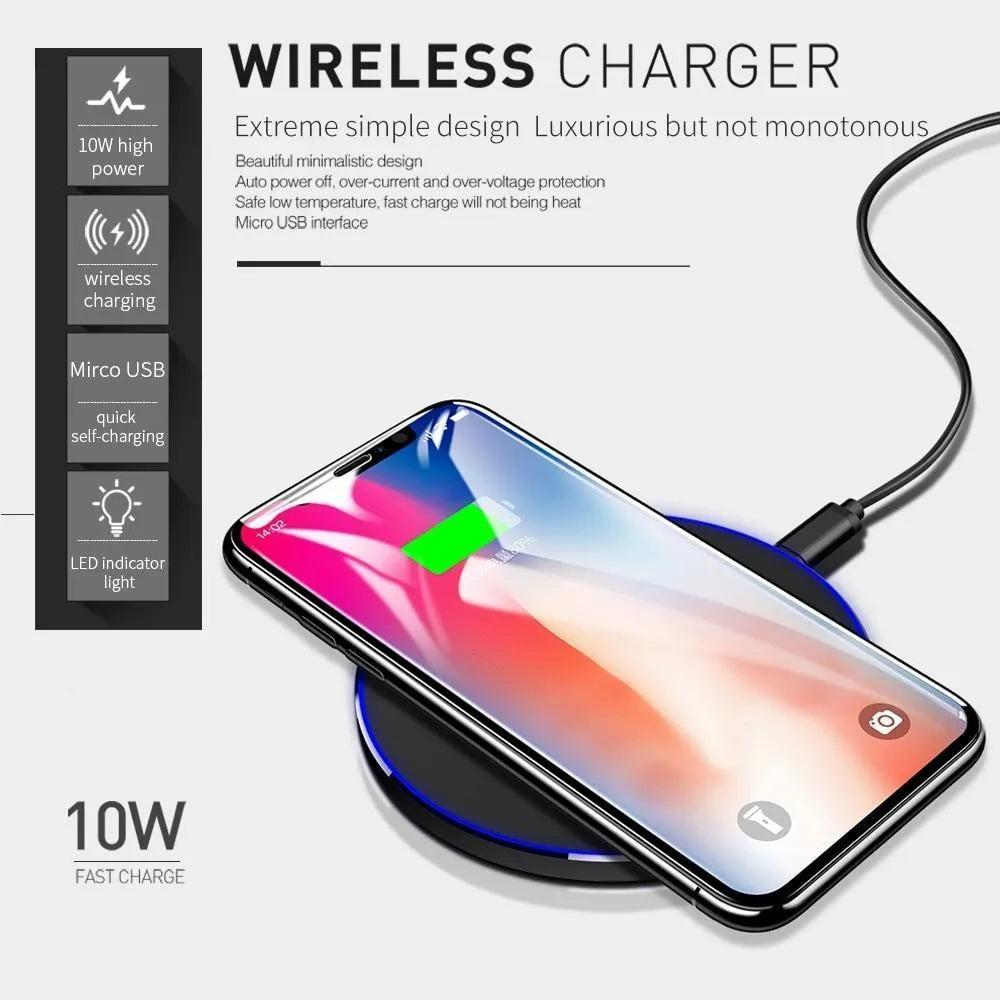 Ultra-thin black wireless fast charging pad with 9V support and 98mm square dimensions