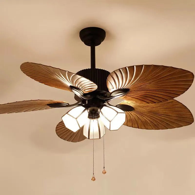 Retro-style ceiling fan light with wooden blades and integrated lighting fixtures