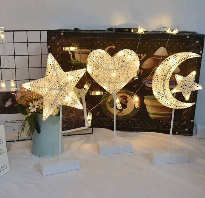 Rattan LED table lamp in star, heart, or moon shape with copper wire framework for bedroom decoration