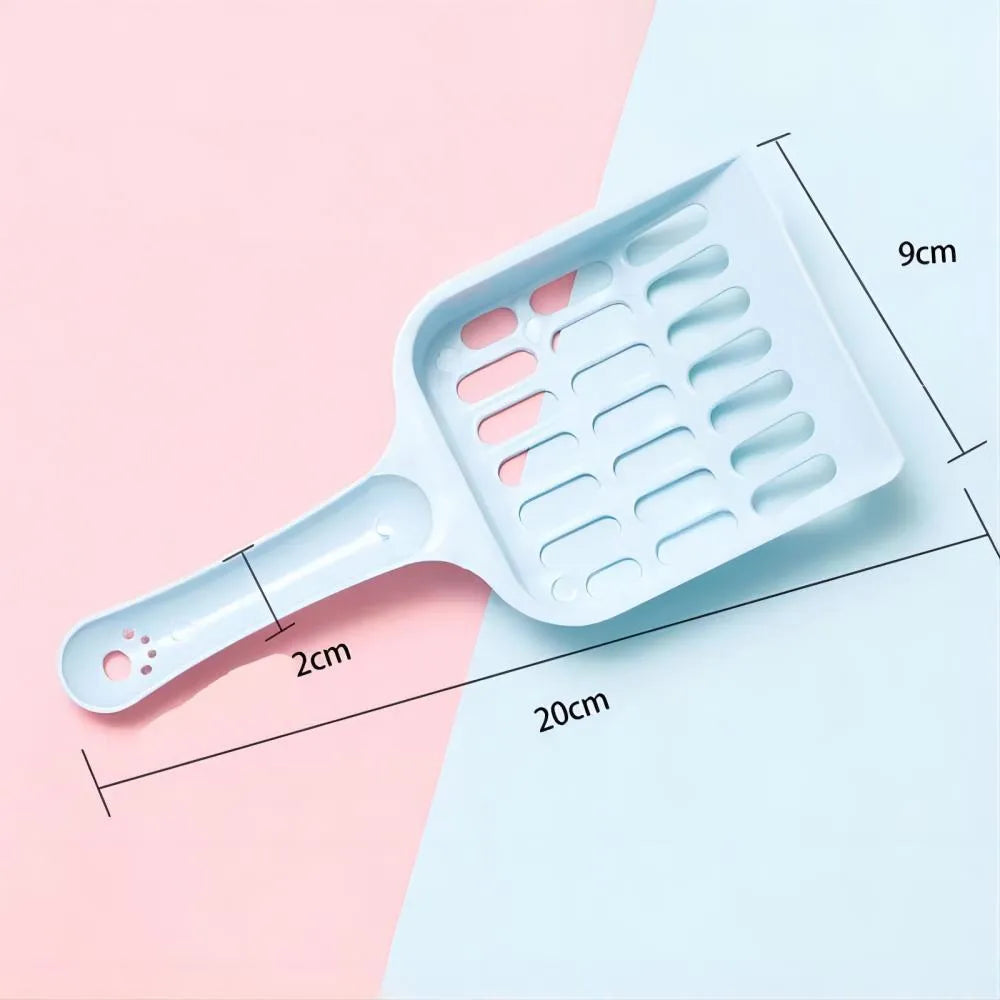 Blue plastic cat litter scoop tool on a white background.