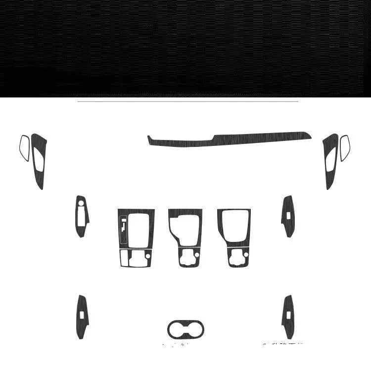 Car interior decorative film sticker kit showing centre console, instrument panel, and trim pieces