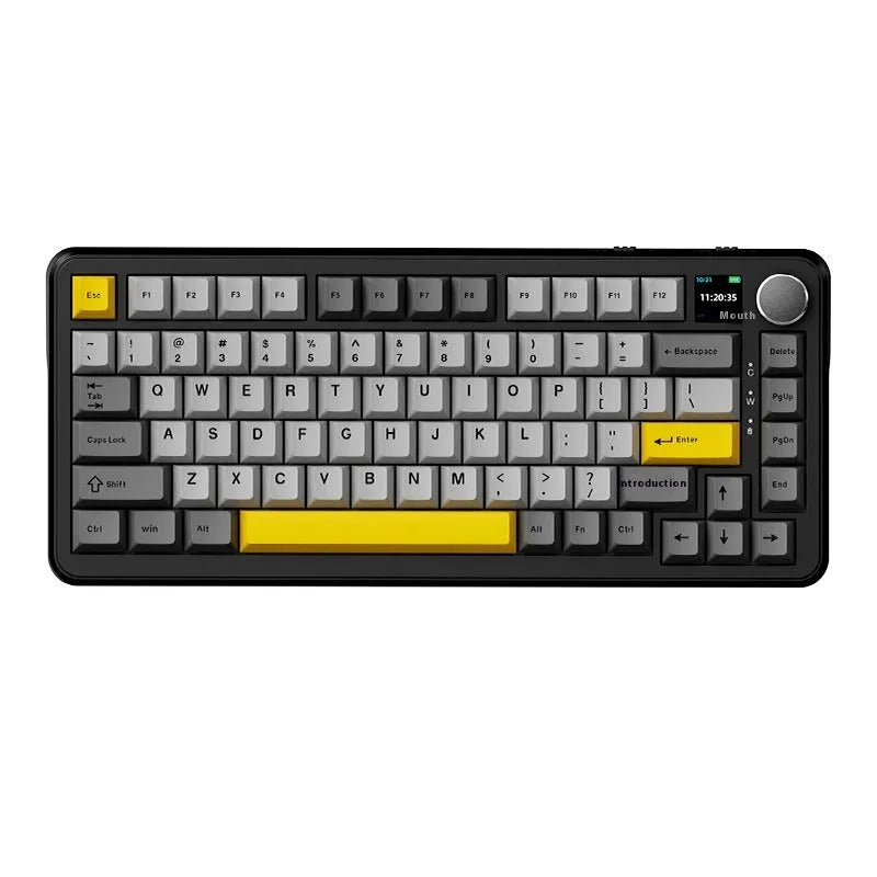Three-mode mechanical keyboard in black, grey and yellow with wireless connectivity and hot-swap switches