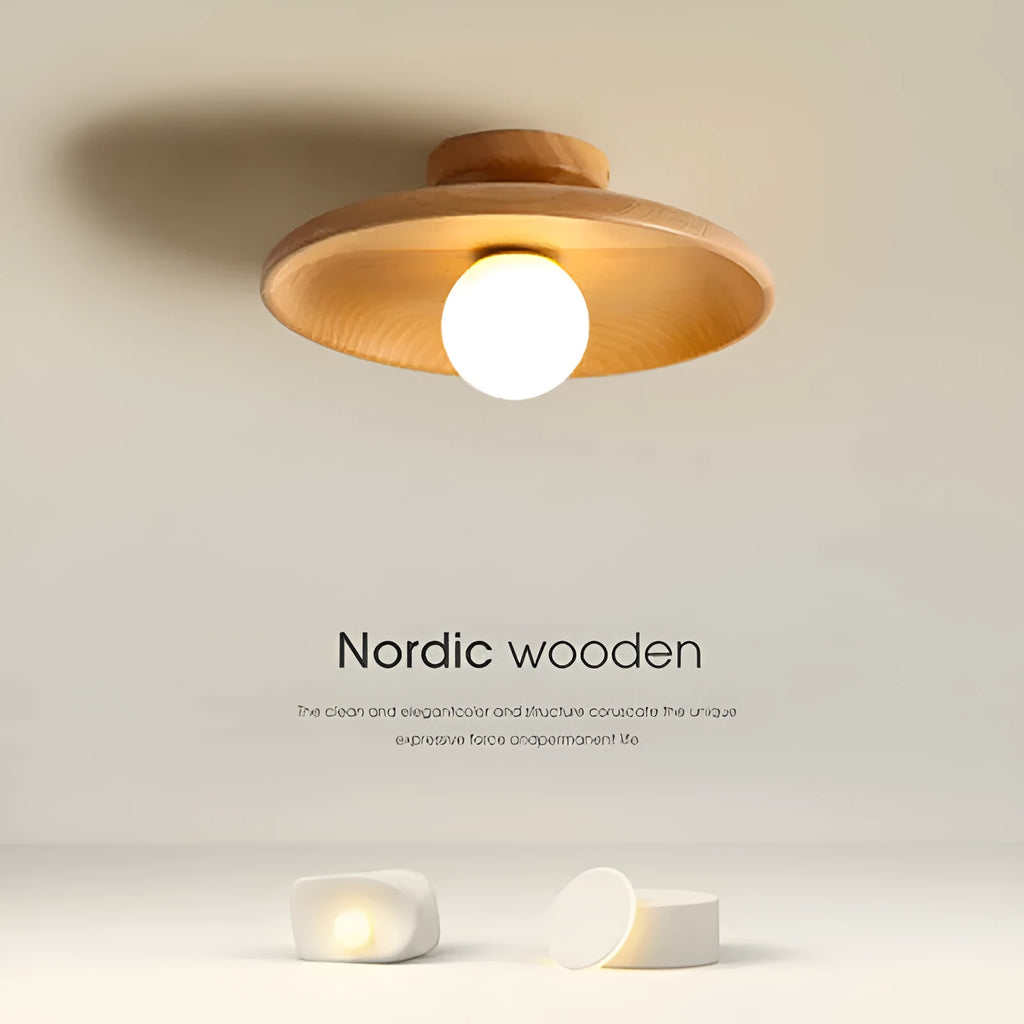 Solid wood ring ceiling lamp with glass shade in modern minimalist design.