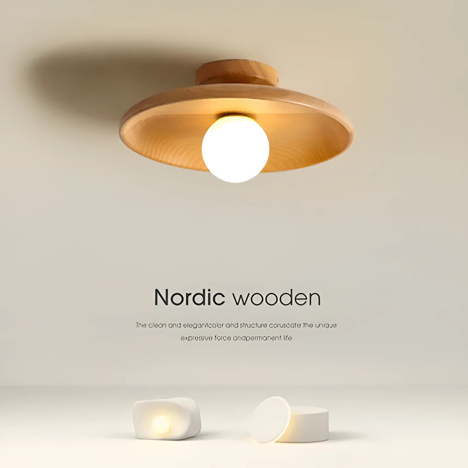 Solid wood ring ceiling lamp with glass shade in modern minimalist design.