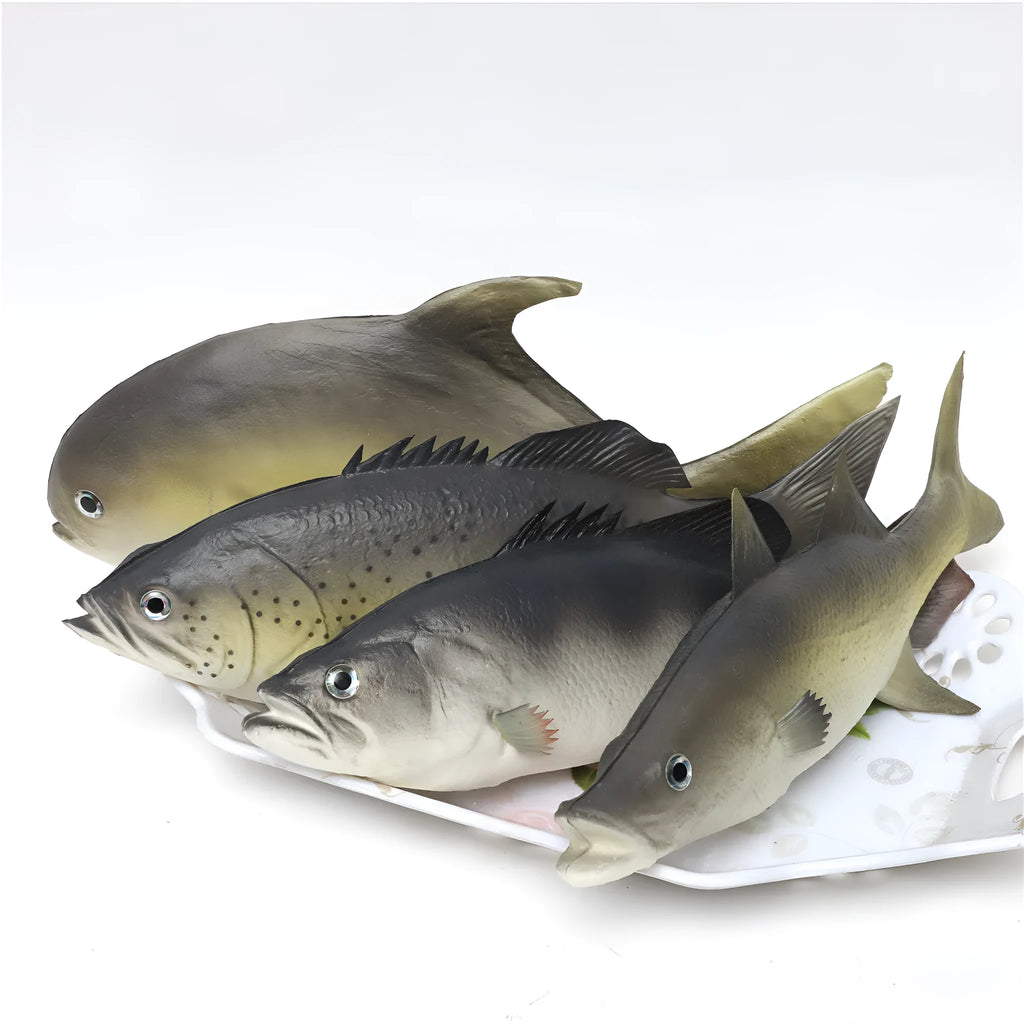 Three PU simulated fish ornaments - yellow-fin tuna, yellow croaker and flower fish models for decorative display