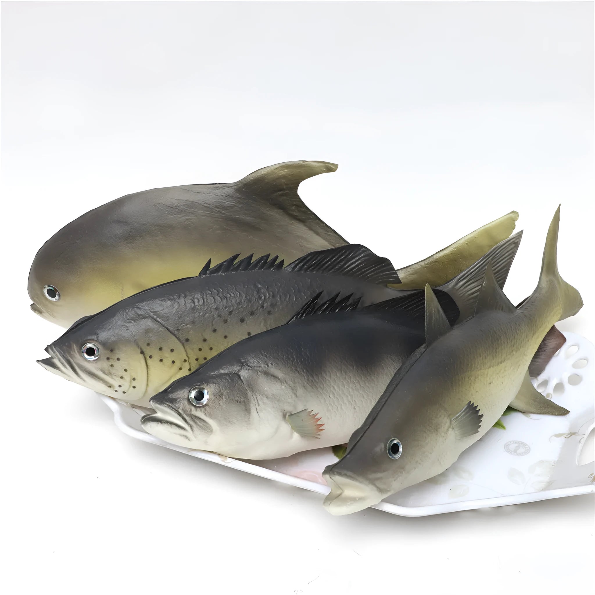 Three PU simulated fish ornaments - yellow-fin tuna, yellow croaker and flower fish models for decorative display
