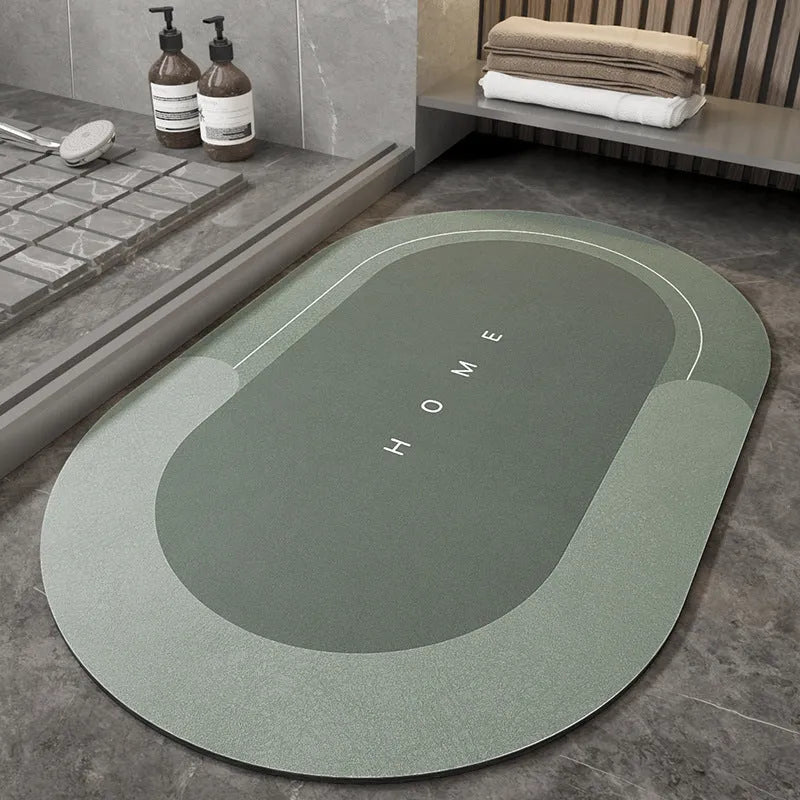Blended material floor mat in blue colour, oval shape, on a bathroom floor.