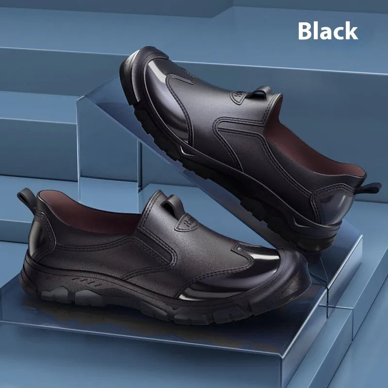 Short tube PVC outdoor wading boots with round toe and flat heel in various colours.