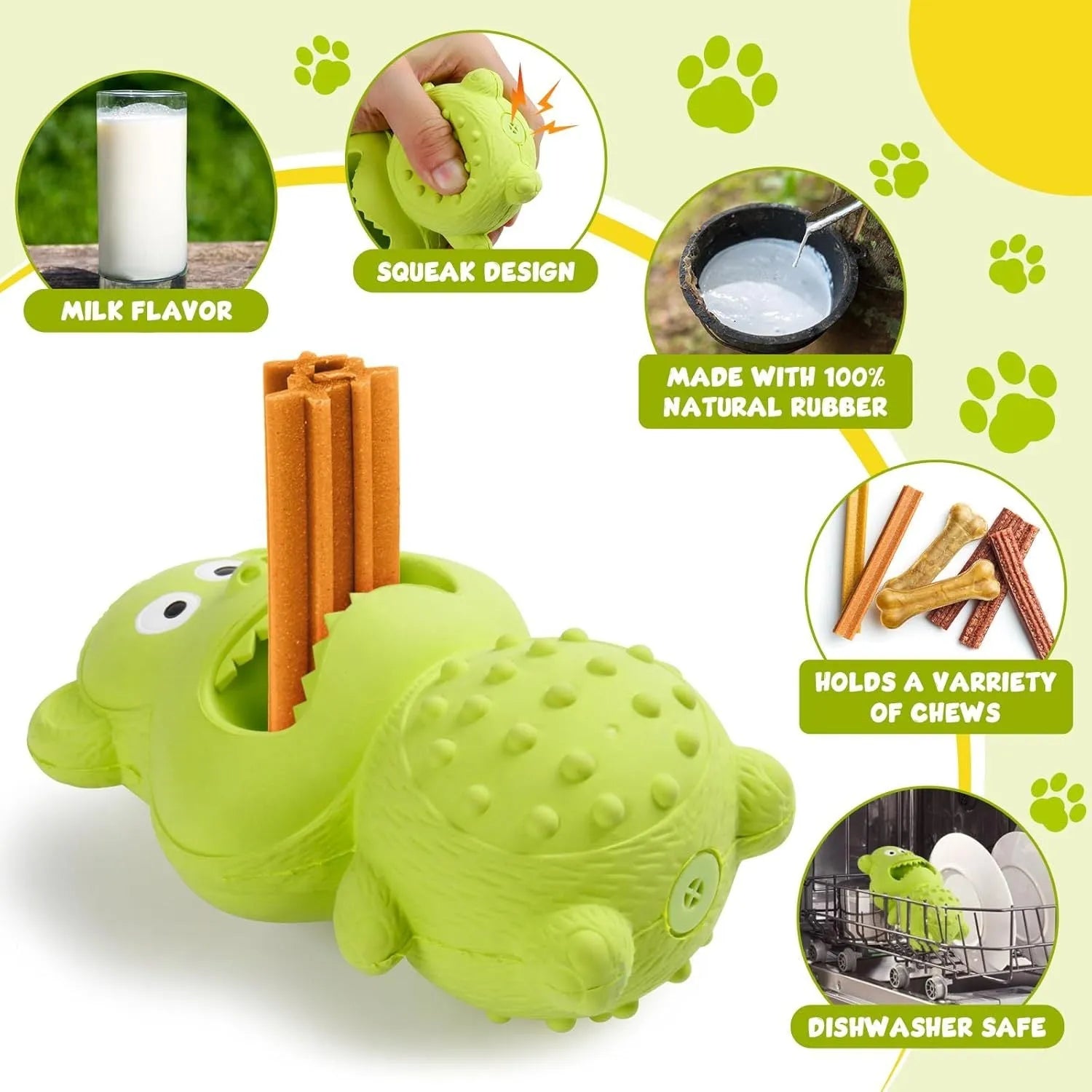Green and yellow natural rubber chew toy for large breed aggressive dogs on a wooden floor.