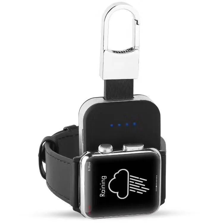 Black Apple Watch magnetic wireless charging power bank on a keyring, showing compact rectangular design.