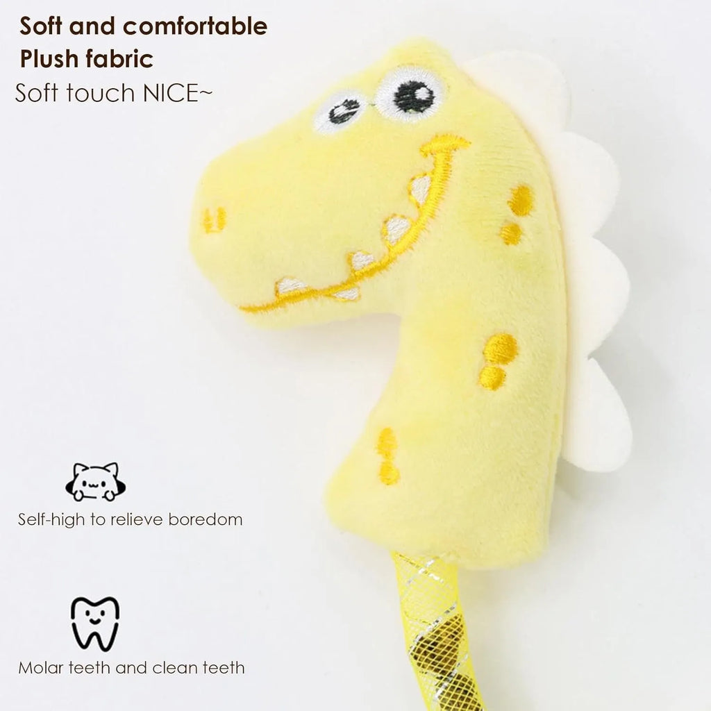 Four plush cat toys including catnip chew toy, squeaky mouse, textured fish, and bunny for indoor play