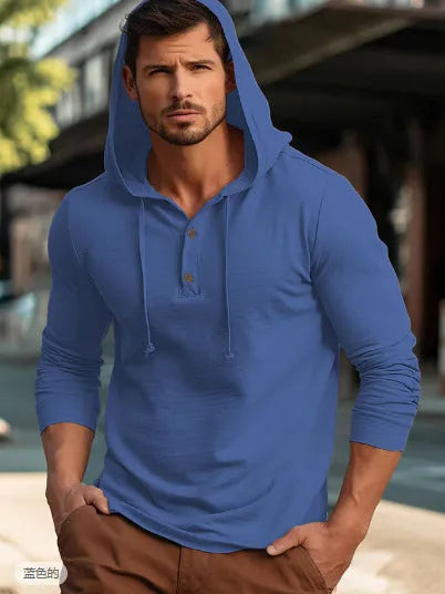 Casual cotton pullover hoodie in multiple colours, showing long sleeves and hood, sized for European and American fit.
