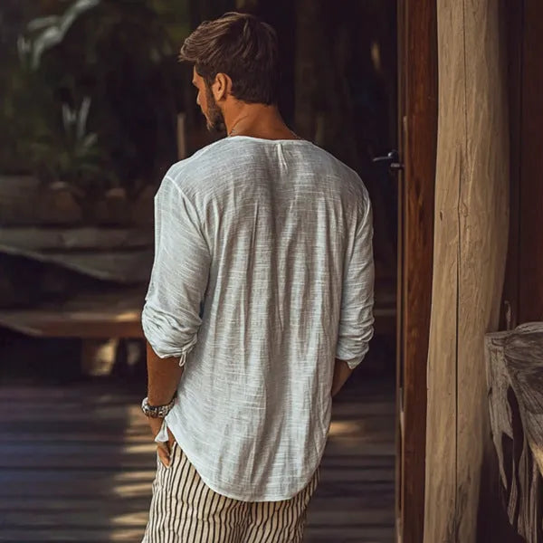 Men's beige V-neck long sleeve t-shirt in slim fit made from hemp blend fabric
