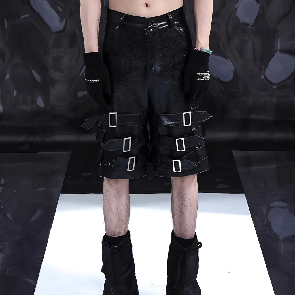 Men's black PU leather casual cropped shorts with an elasticated waistband.