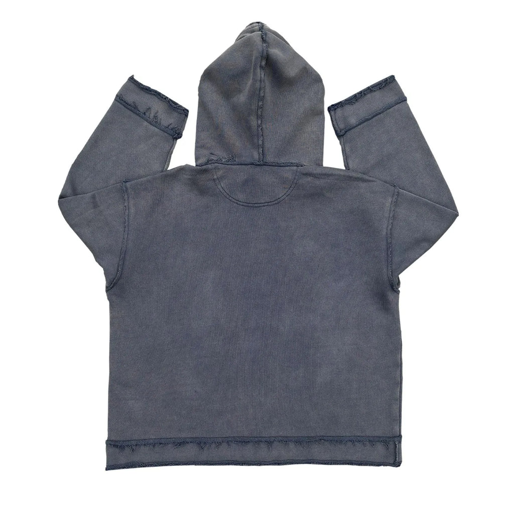 Men's dark blue zip-front hoodie with Back to Make graphic print on the front, hood up.