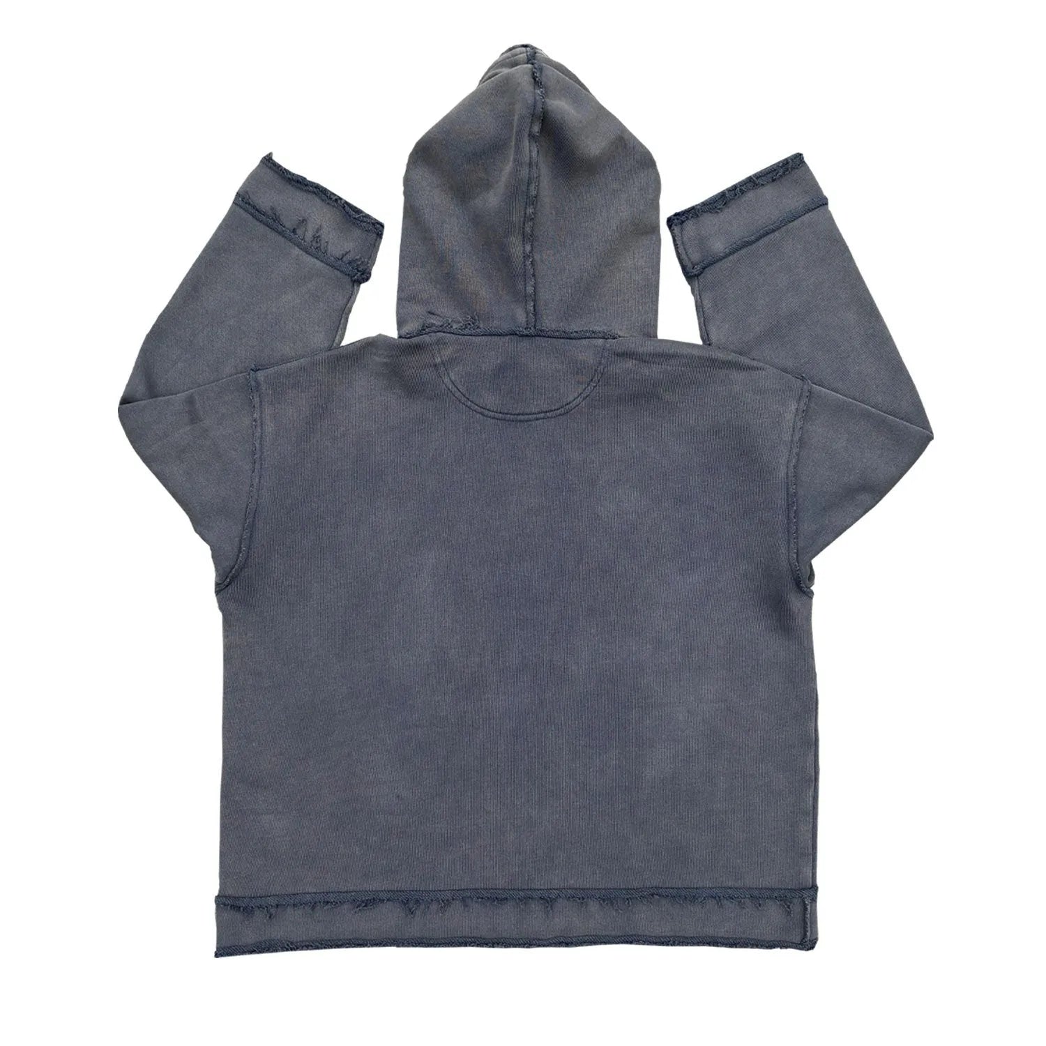 Men's dark blue zip-front hoodie with Back to Make graphic print on the front, hood up.