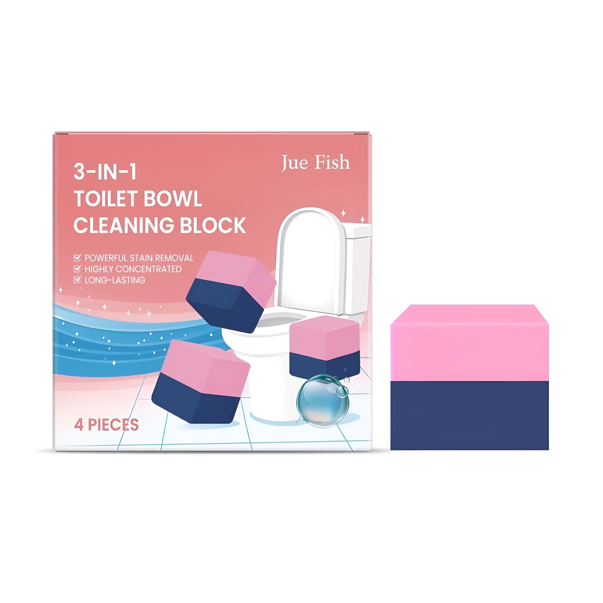 Four three-in-one toilet cleaning blocks for continuous toilet bowl and cistern cleaning