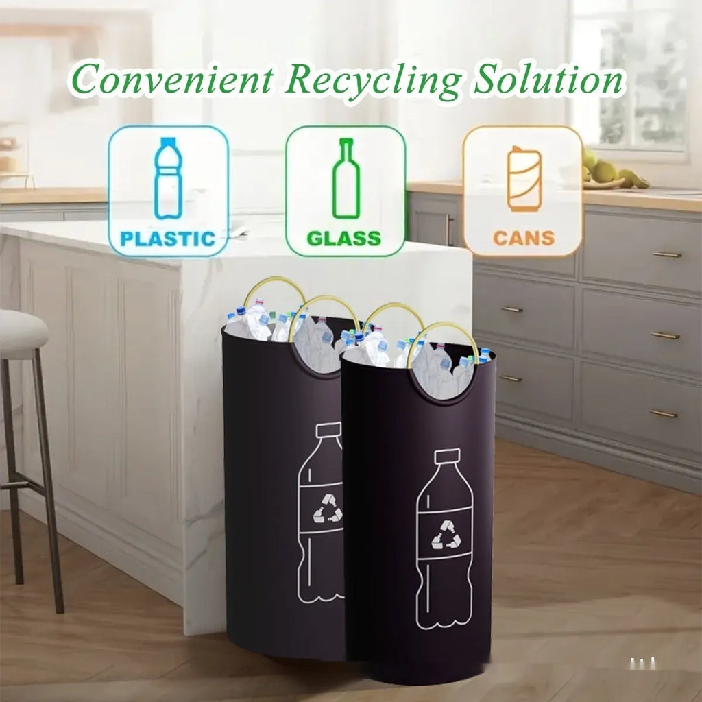 Round portable polypropylene trash can with a removable plastic liner bag.