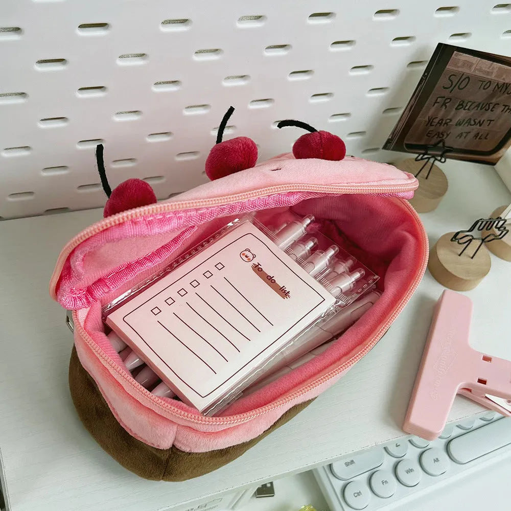 Korean style velvet pencil case with plush cherry cake design on soft fabric pen bag