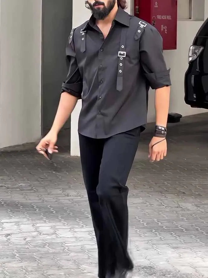 Men's black utility button-up shirt with regular fit styling on mannequin
