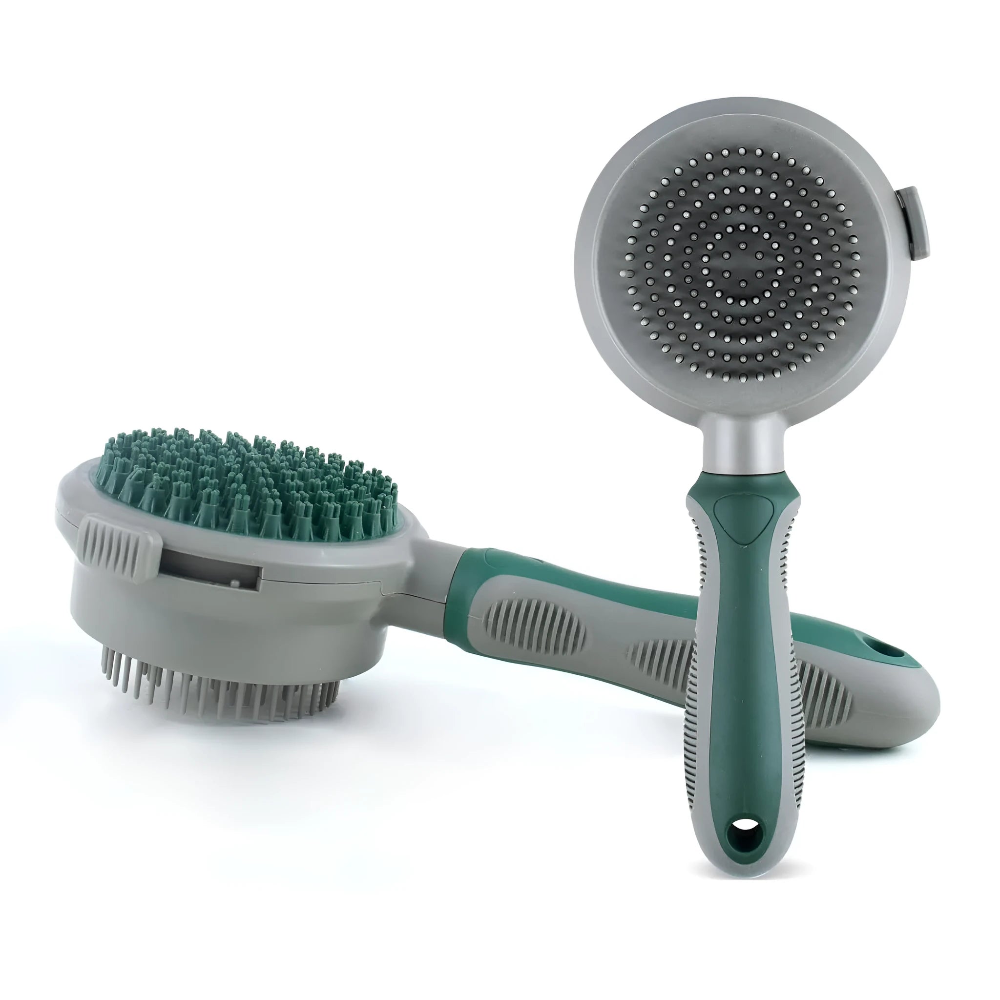 Green two-sided silicone pet brush with slicker brush and massager sides