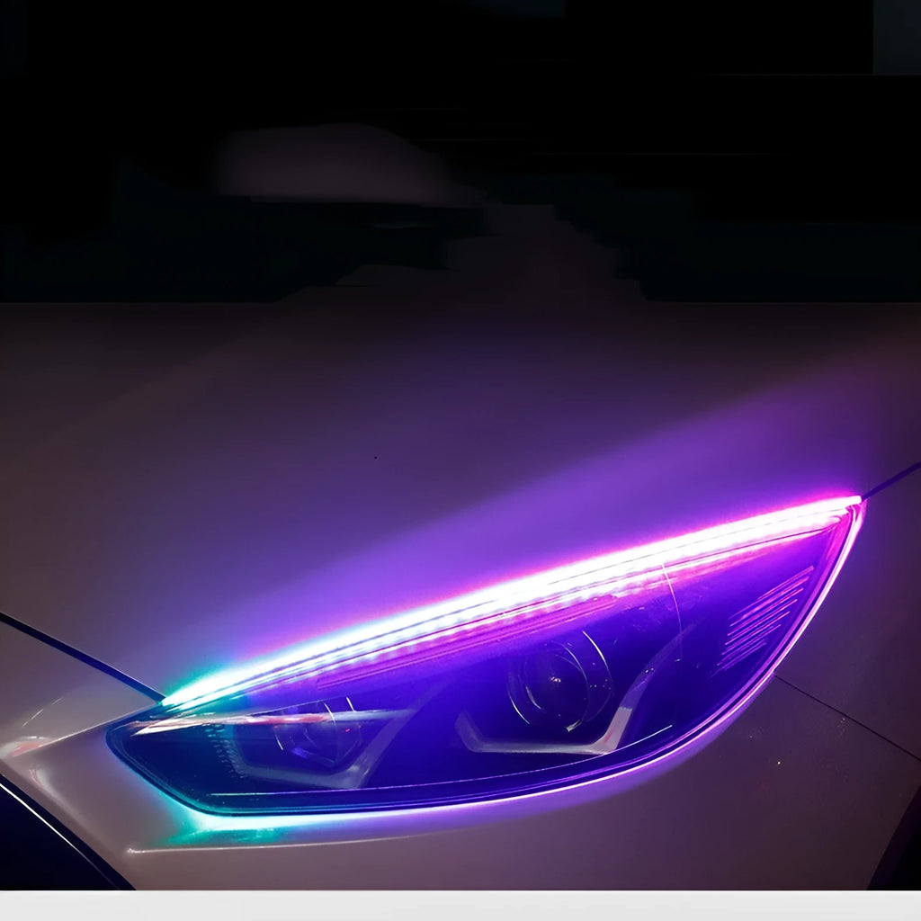 Colour-changing LED daytime running light strip with remote control for General Motors cars.