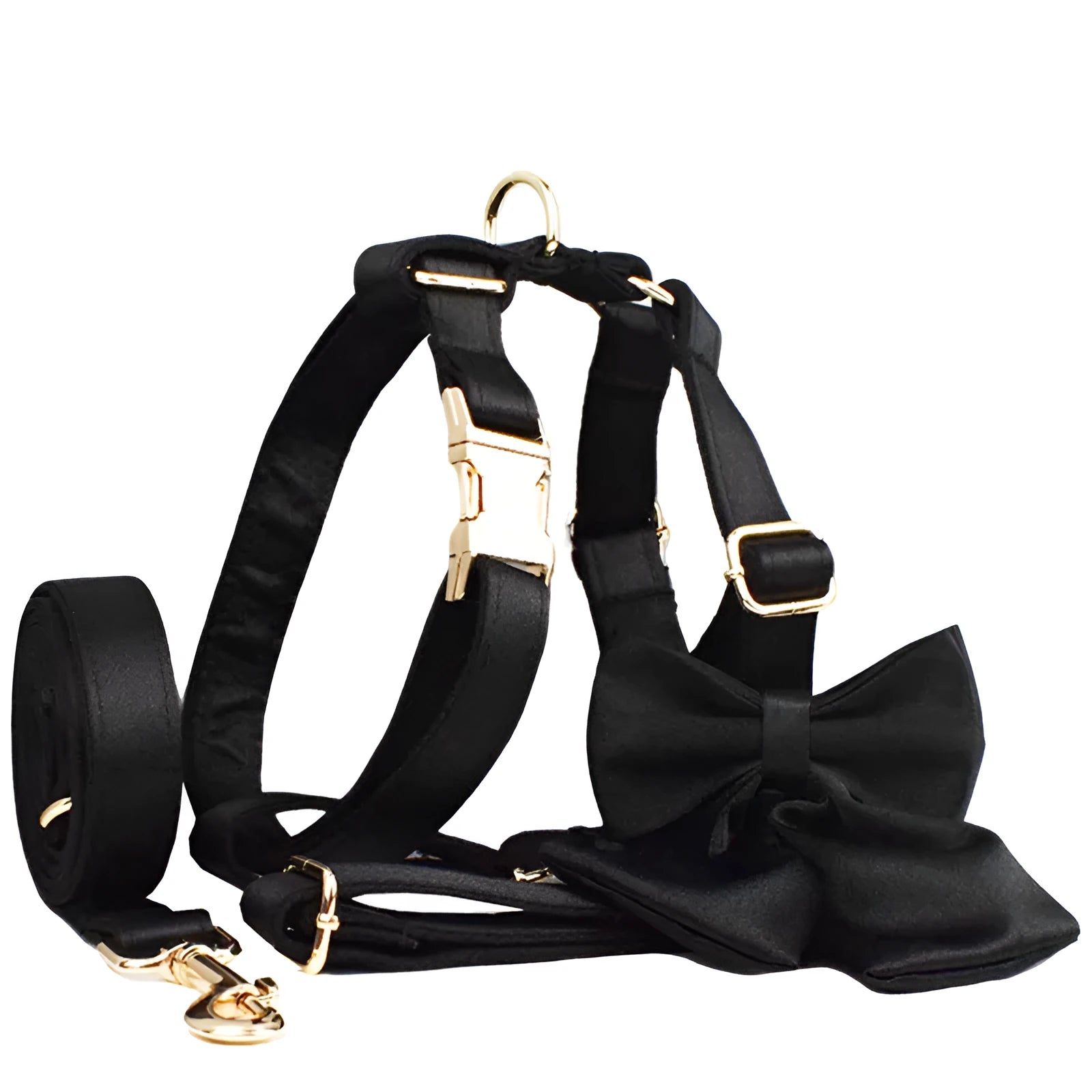 Cloth dog collar and leash set with matching vest and bow tie in four adjustable sizes