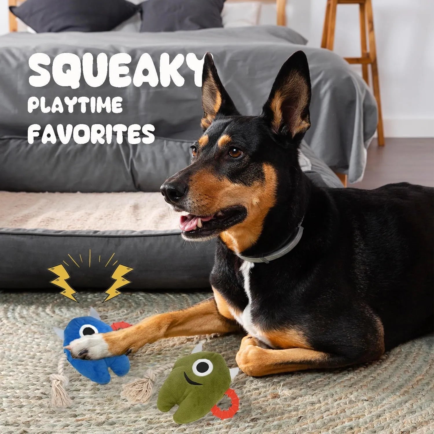 Large blue plush and rope dog chew toy with squeaker for aggressive chewing and tugging play