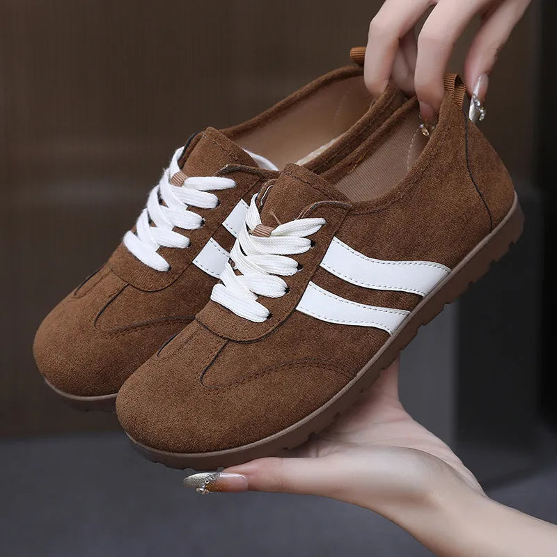 Women's vintage canvas sneakers in dark red and khaki with soft rubber soles and round toe design