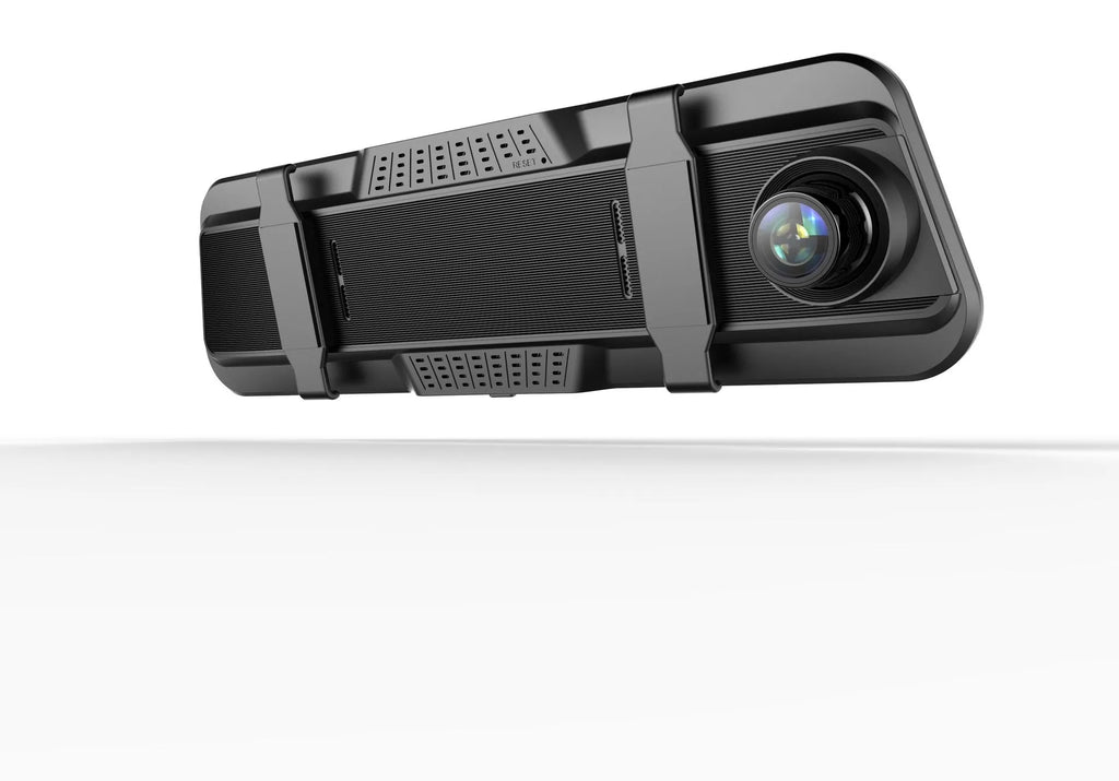 Black dual-lens driving recorder with 9.66-inch touch screen mounted on car rearview mirror.