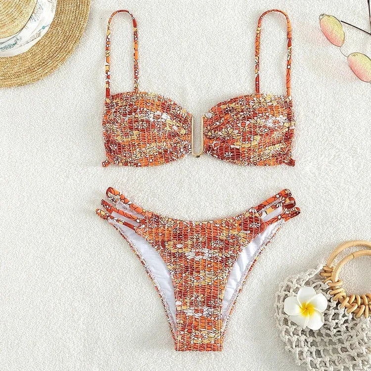 Women's high-waist floral bikini swimsuit in nylon with bra and panty set