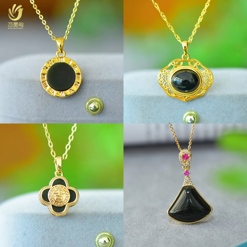 Flat Hetian jade pendant necklace with copper inlay and ink blue jade accents on a chain