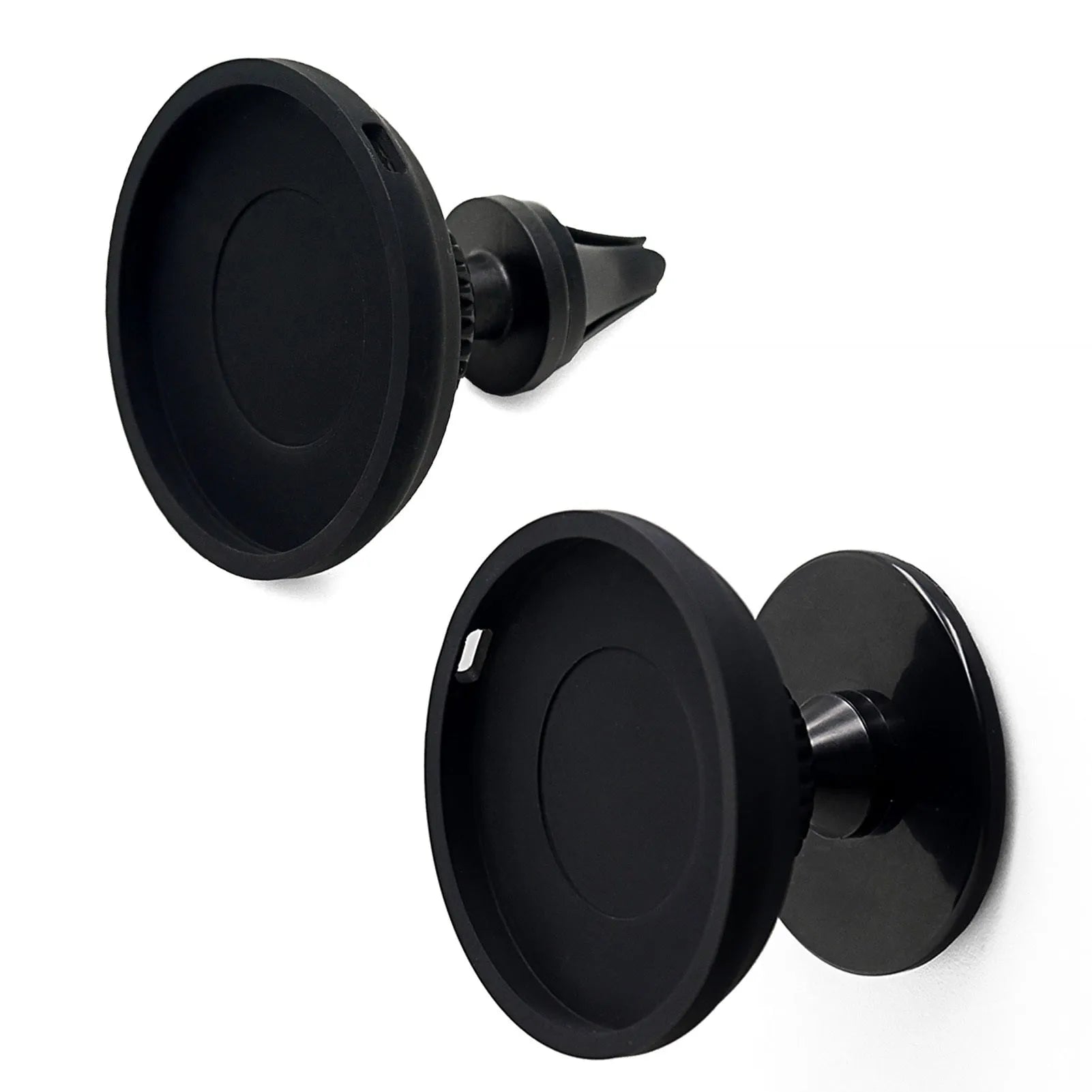 Black car magnetic phone holder showing dashboard mount and air vent clip options