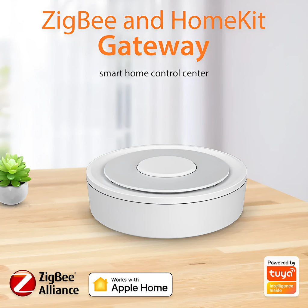 White smart home gateway with ZigBee 3.0 connectivity and 55 metre range