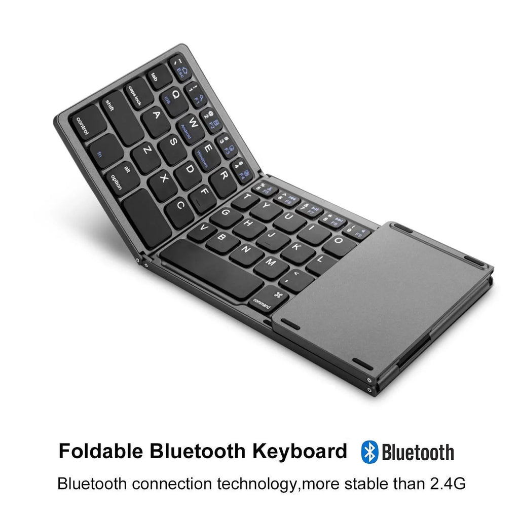 Black and silver mini tri-fold Bluetooth keyboard shown unfolded, displaying its slim profile and compact key layout.