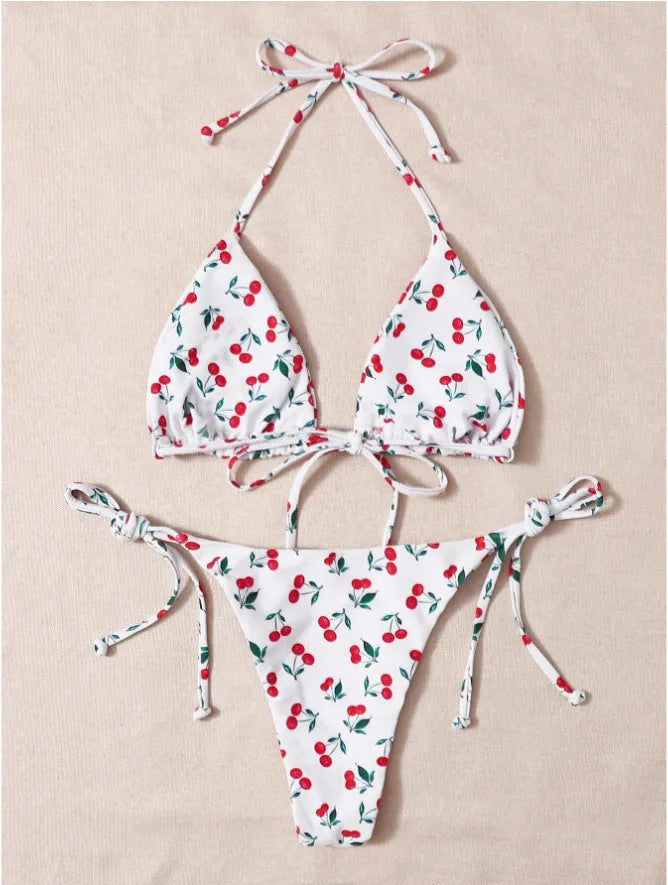Holiday split halter bikini set in solid colour with nylon lining, backless design, size L